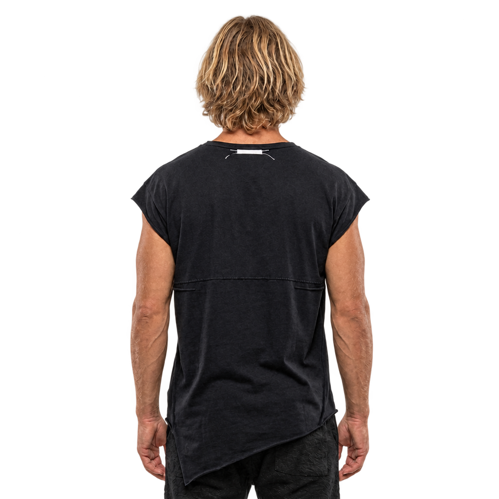 ZHANNAONA "Ivan" black asymmetric shirt on blond male model, back view