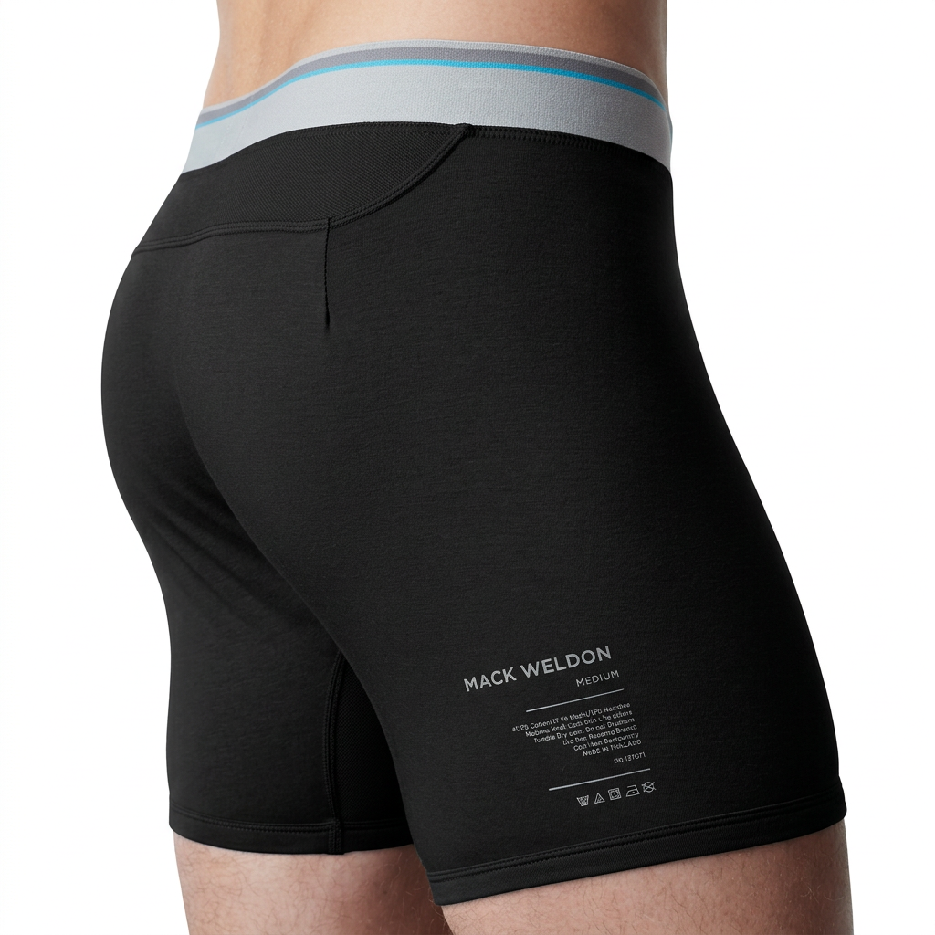 Mack Weldon 18-Hour Jersey boxer brief in True Black, model side view