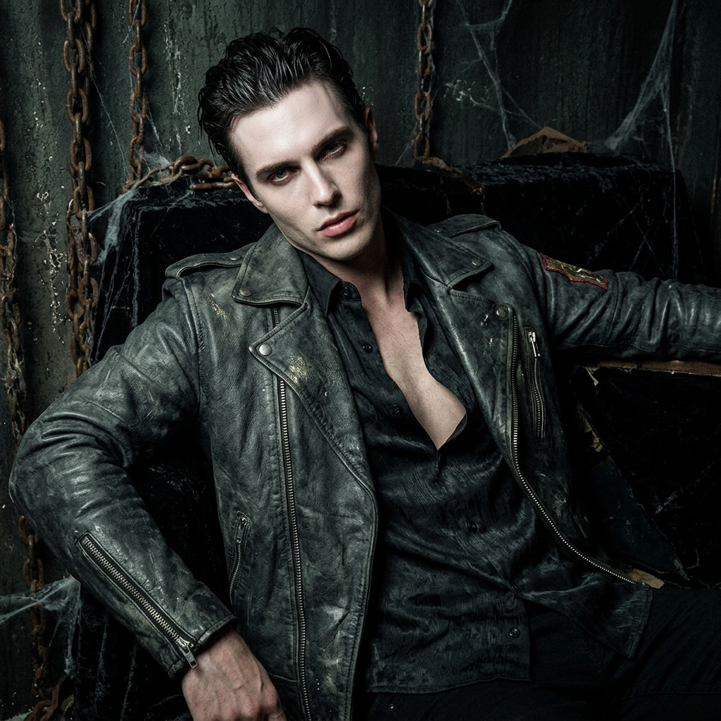 Halloween campaign concept: male model styled as a vampire wearing the Junker Designs The Carnivore Exclusive Leather Biker Jacket