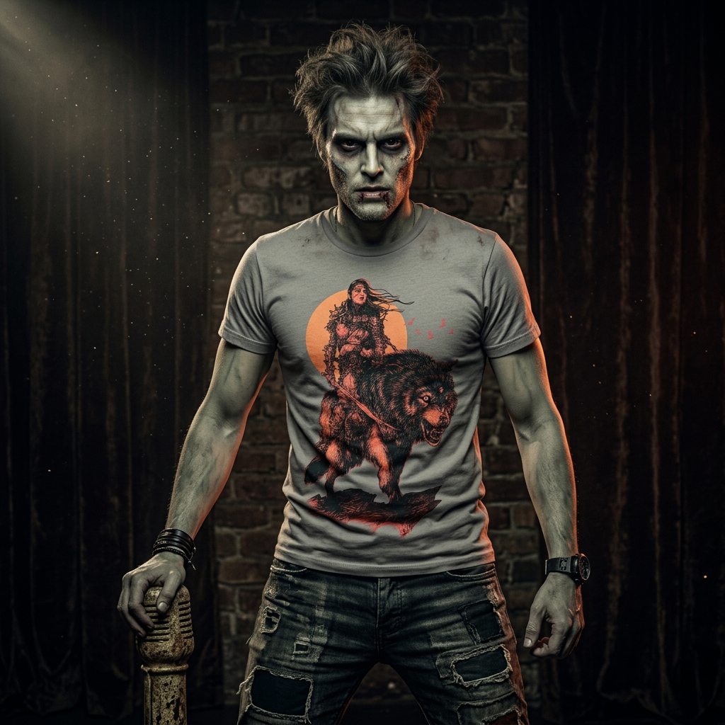 Halloween campaign concept: male model styled as a zombie wearing the Junker Designs Men's Wolf T-Shirt in Gray