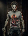 Halloween campaign concept: male model styled as a zombie wearing the Junker Designs Men's Wolf T-Shirt in Gray