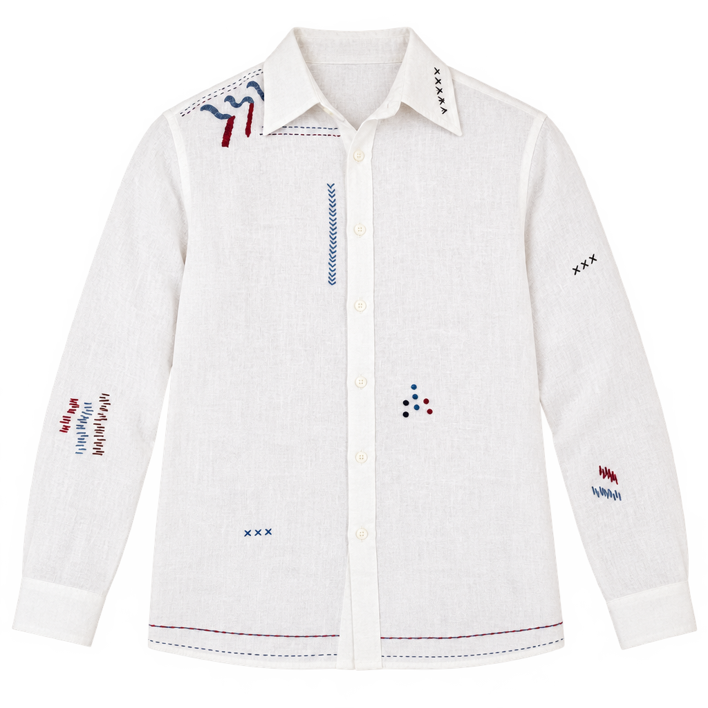 Live Linen "Walter" Embroidered Linen Shirt in Angora White, flat lay front view