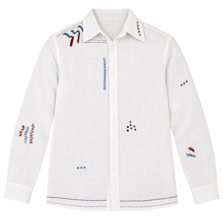 Live Linen "Walter" Embroidered Linen Shirt in Angora White, flat lay front view