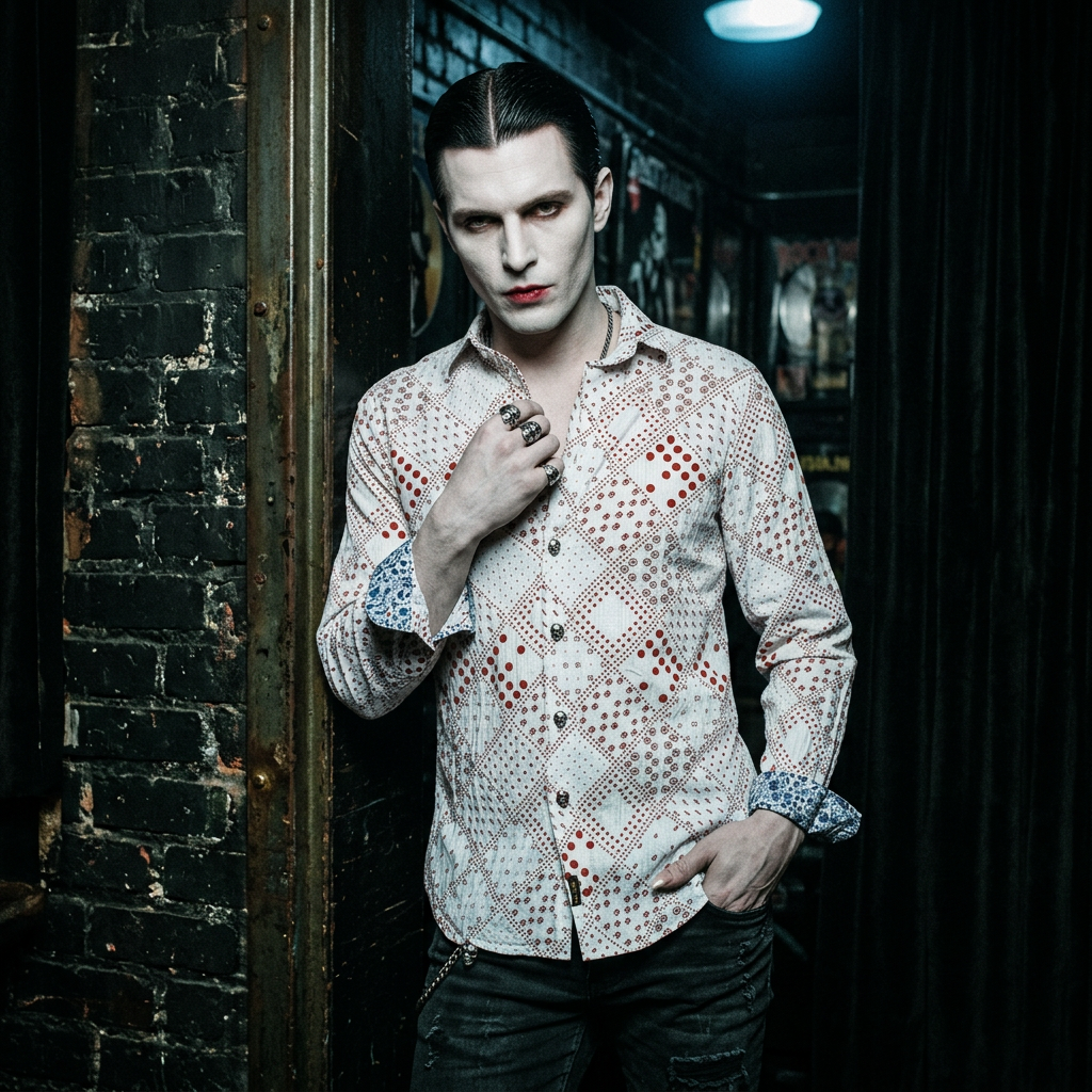 Halloween campaign concept: male model styled as a vampire wearing the RA-RE Faust Red and White Patterned Shirt with Metal Skull Snap Detail