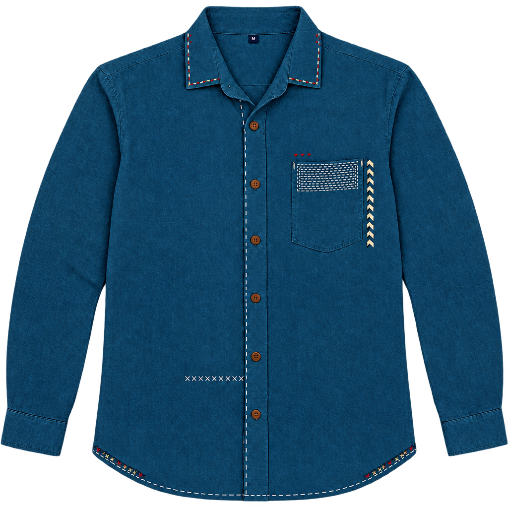 Live Linen "Mason" Embroidered Linen Shirt in Pacific Blue, flat lay front view