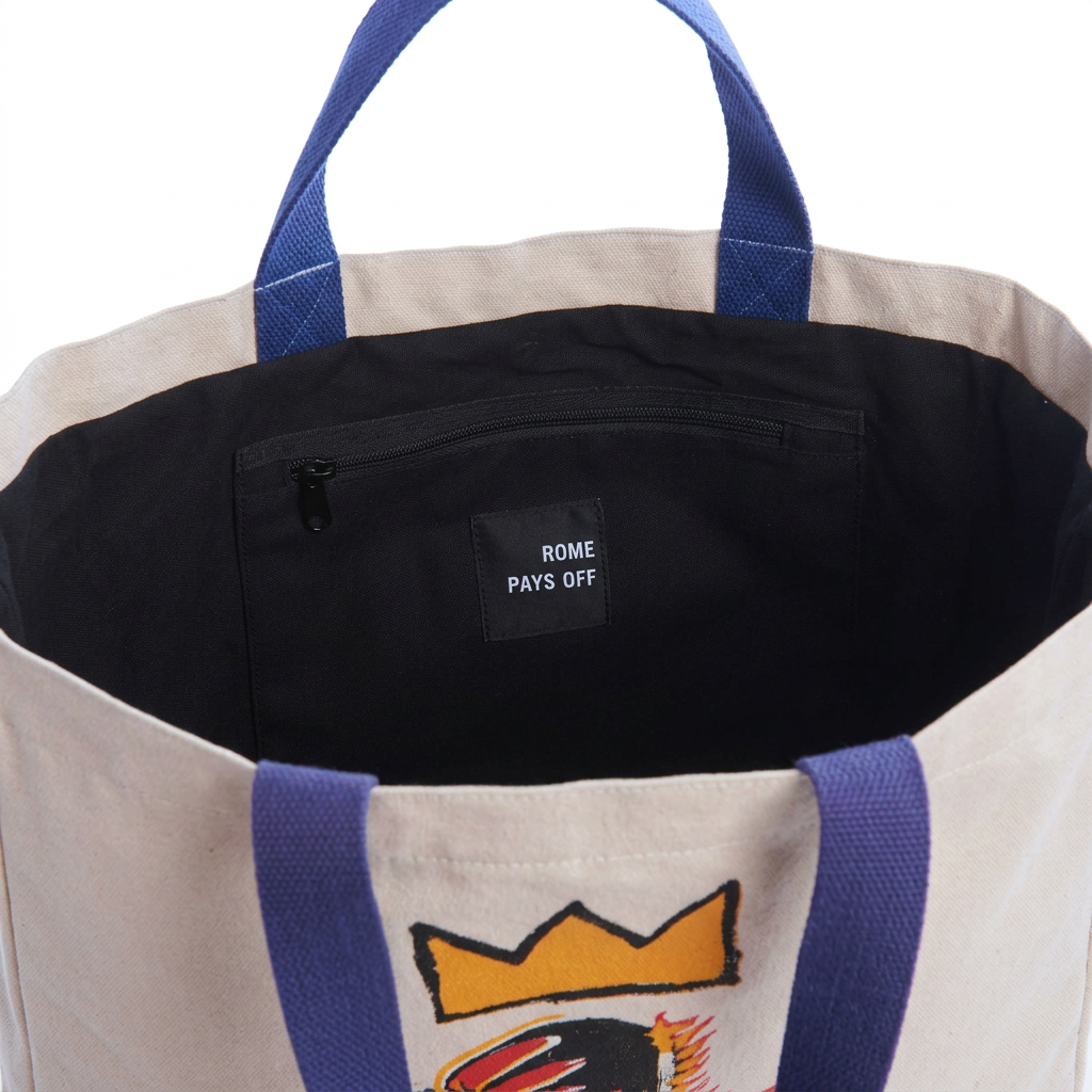 Interior of the Rome Pays Off Basquiat tote showing dark lining, zippered pocket and blue straps