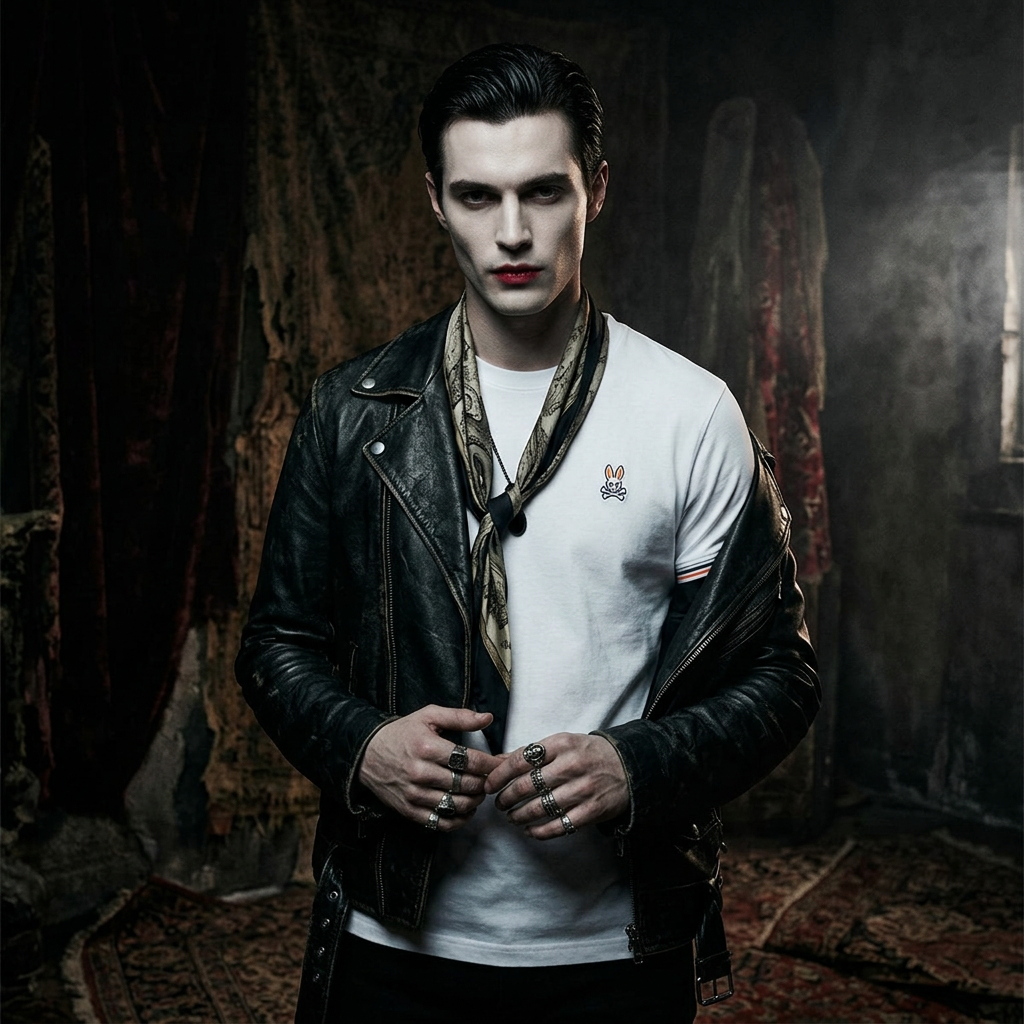 Halloween campaign concept: male model styled as a vampire wearing the Psycho Bunny Men's Kells Tee in White