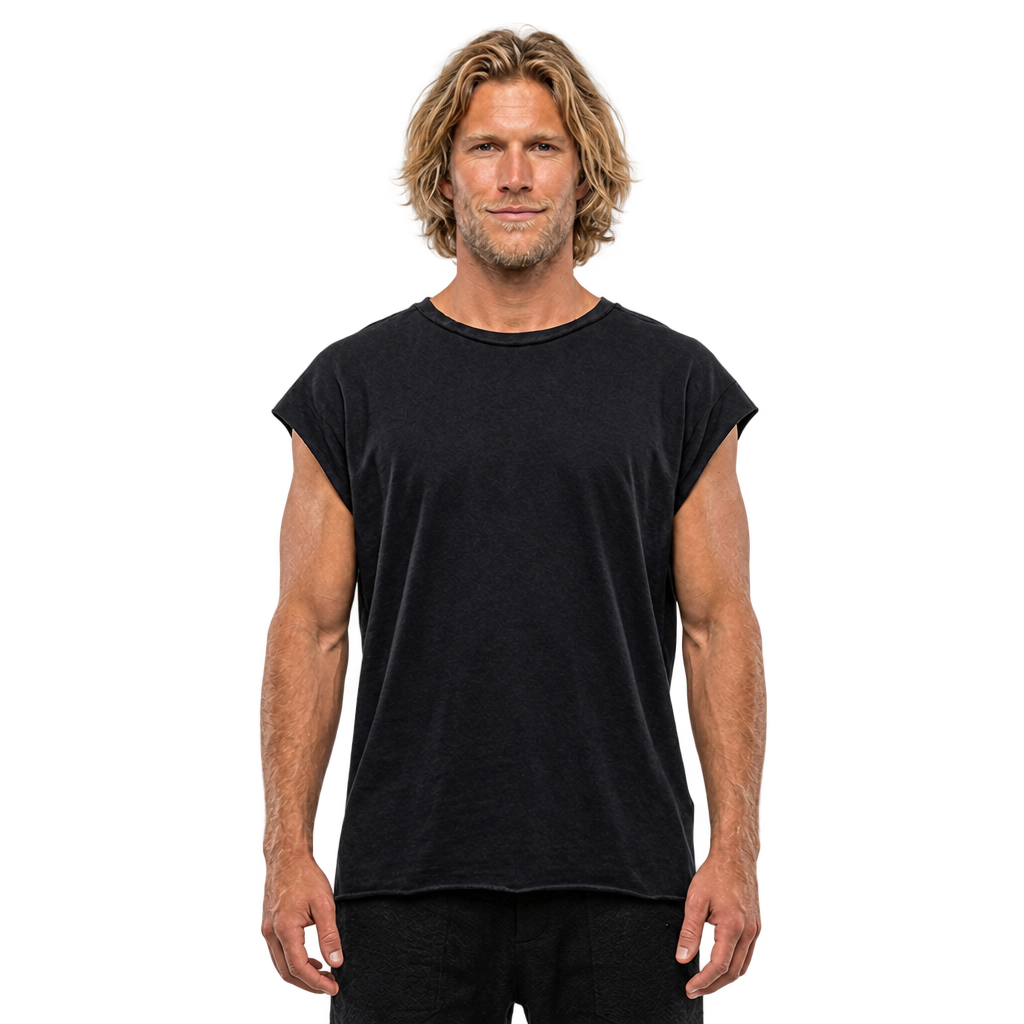 ZHANNAONA "Ivan" black asymmetric shirt on blond male model, front view