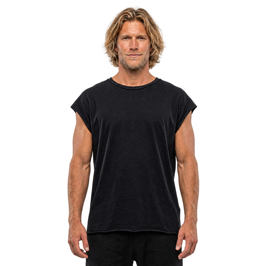 ZHANNAONA "Ivan" black asymmetric shirt on blond male model, front view