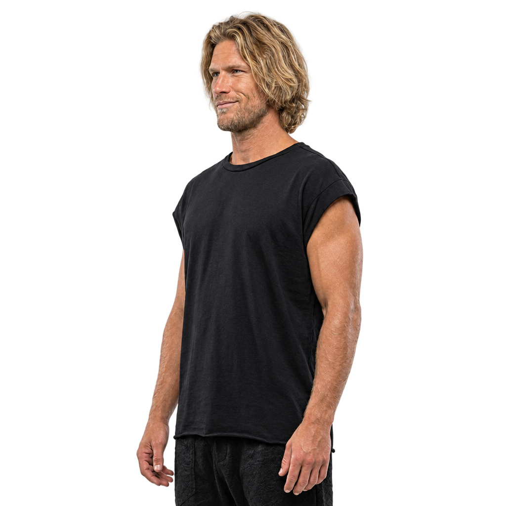 ZHANNAONA "Ivan" black asymmetric shirt on blond male model, left-facing view