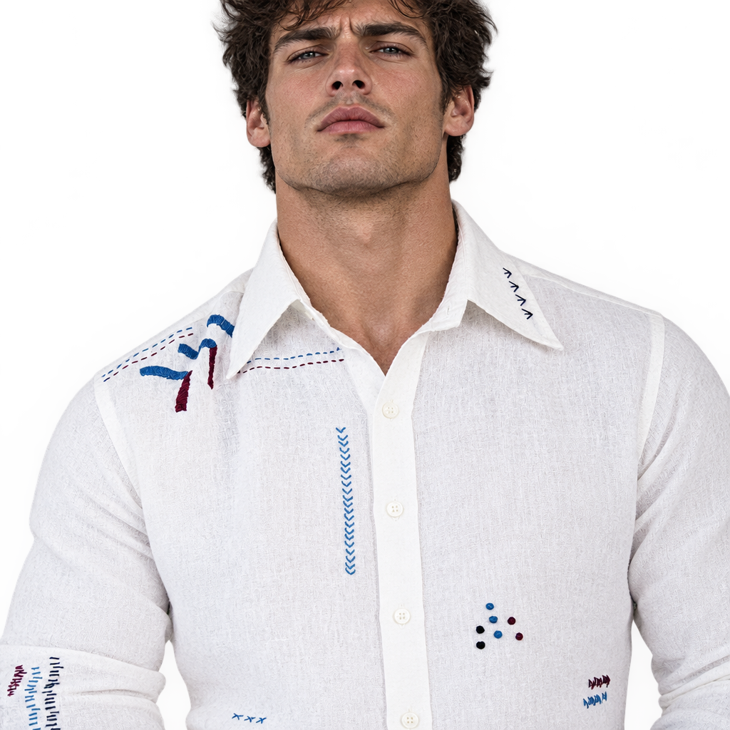 Live Linen "Walter" shirt upper-body embroidery detail on model