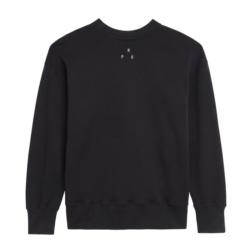 Rear view of black Rome Pays Off sweatshirt with small white RPO branding, closely framed on a white background.