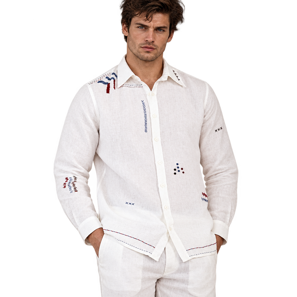 Live Linen "Walter" Embroidered Linen Shirt in Angora White, front view on model