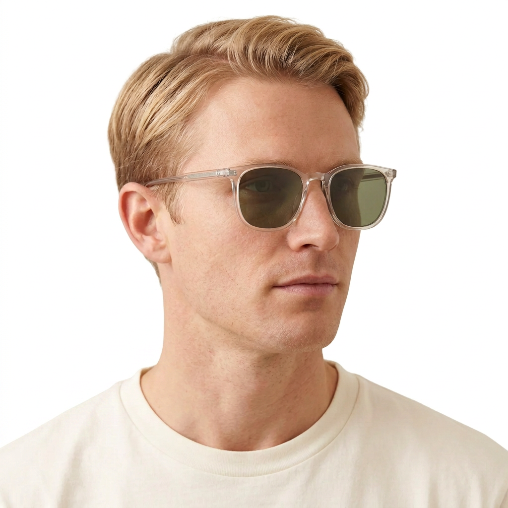 Blonde male model wearing Garrett Leight Bentley sunglasses with clear Bio Glass frames and Bio Green lenses on a white background