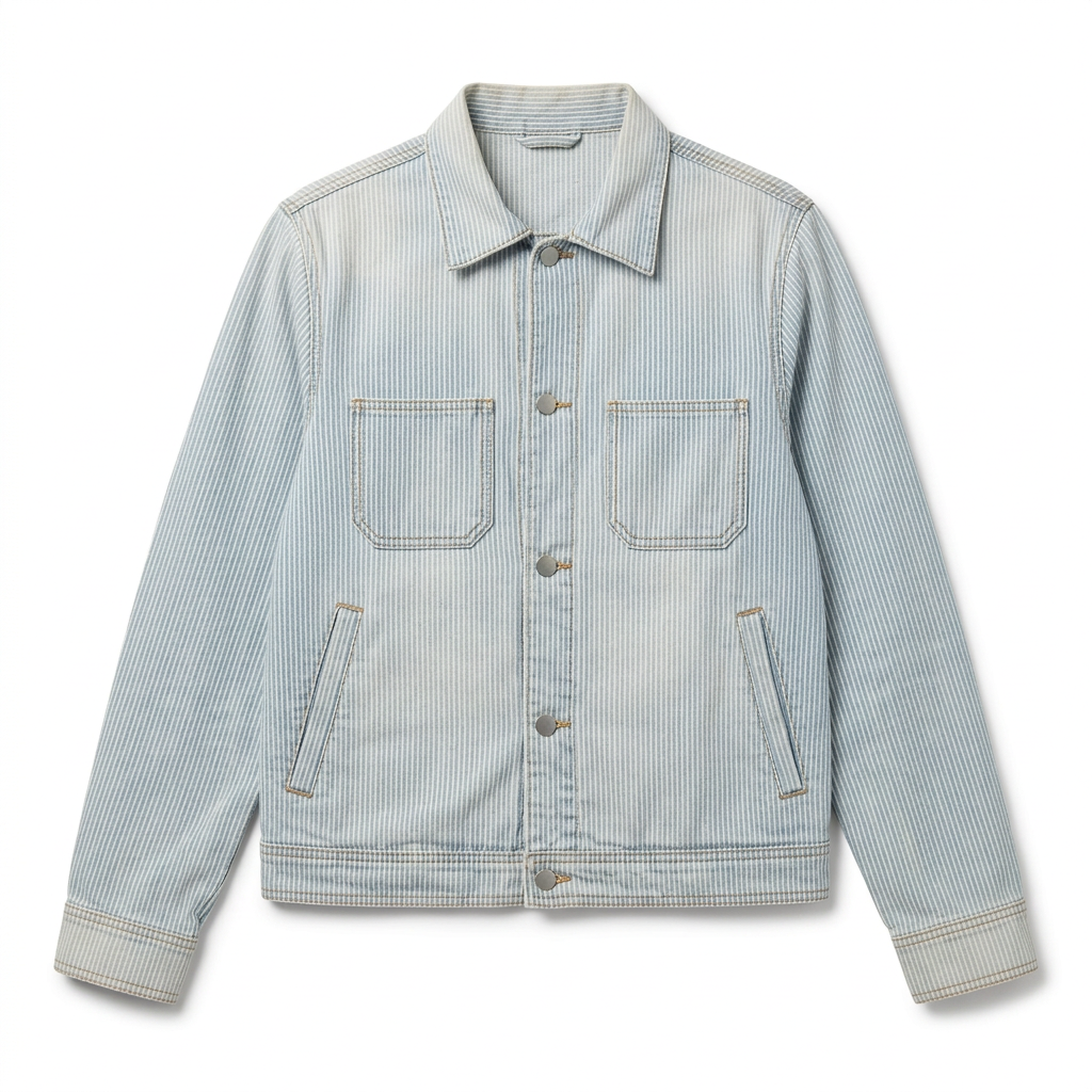Flat-lay of the Road to Nowhere Cody railroad stripe jacket, showing chest pockets and contrast stitching.
