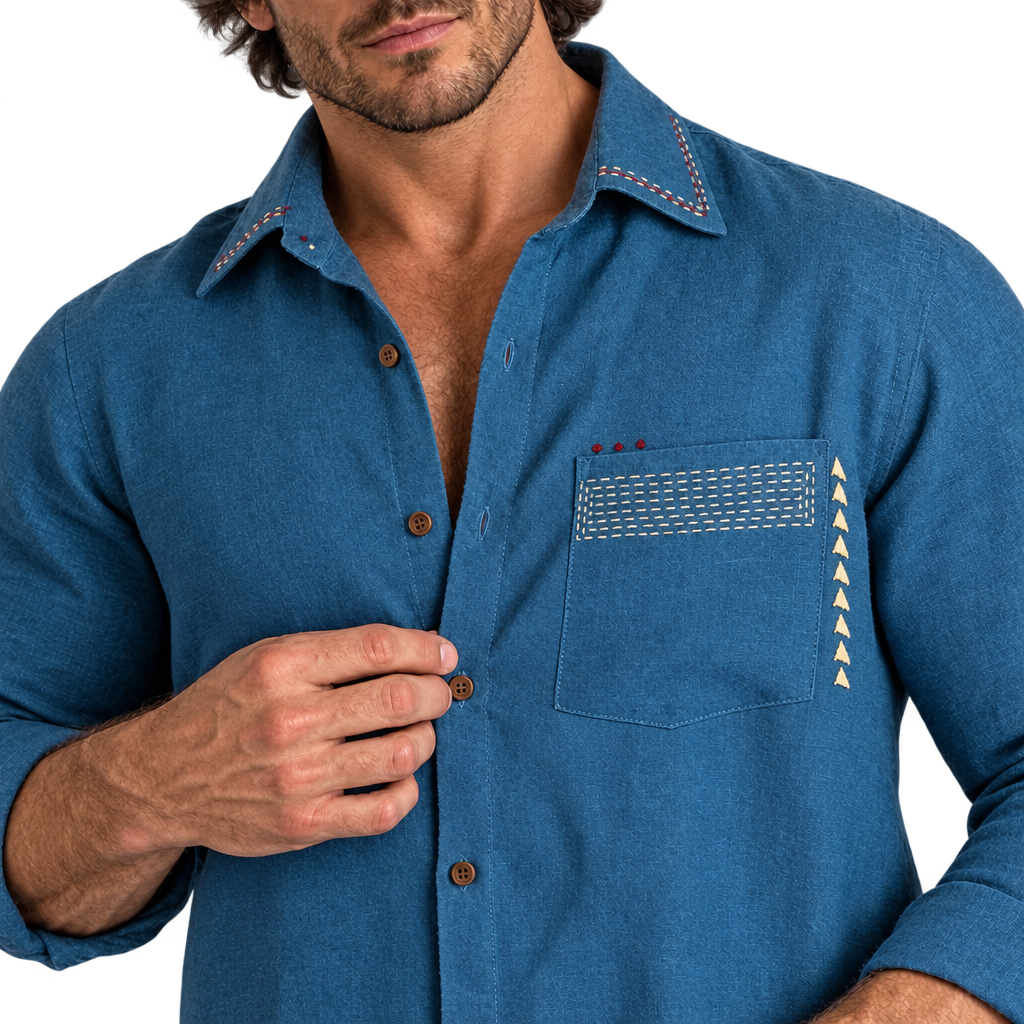 Live Linen "Mason" shirt chest pocket embroidery detail on model