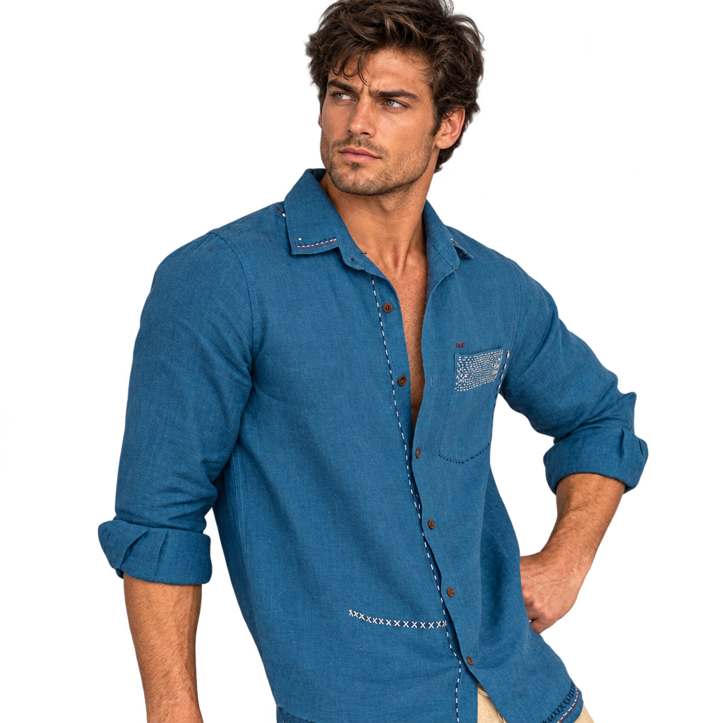 Live Linen "Mason" Embroidered Linen Shirt in Pacific Blue, three-quarter front view on model