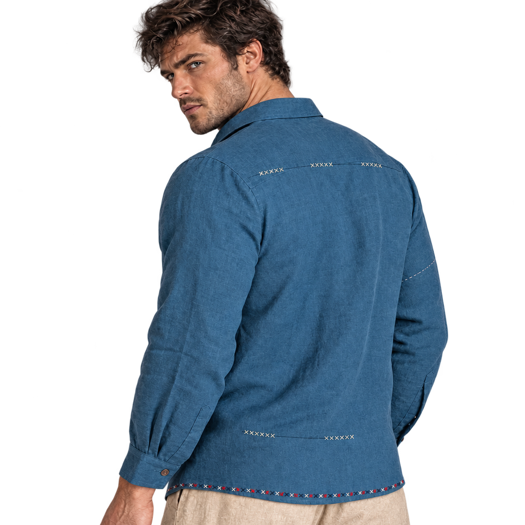 Live Linen "Mason" shirt back view on model