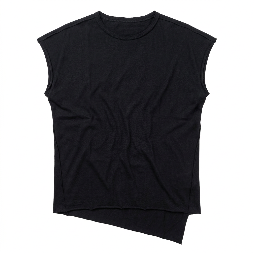 ZHANNAONA "Ivan" black sleeveless asymmetric cotton shirt, front flat lay on a white background