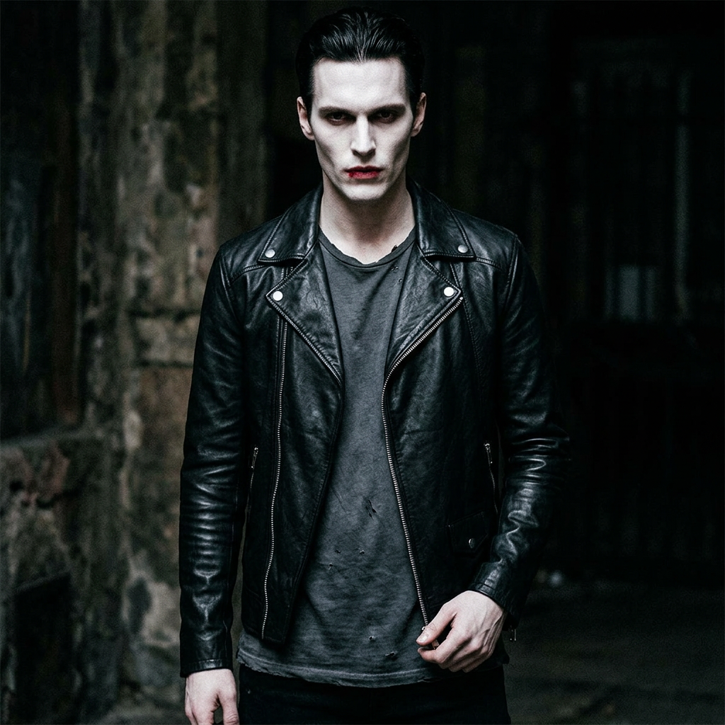Halloween campaign concept: male model styled as a vampire wearing the Religion Cutter Leather Jacket in Jet Black