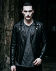 Halloween campaign concept: male model styled as a vampire wearing the Religion Cutter Leather Jacket in Jet Black