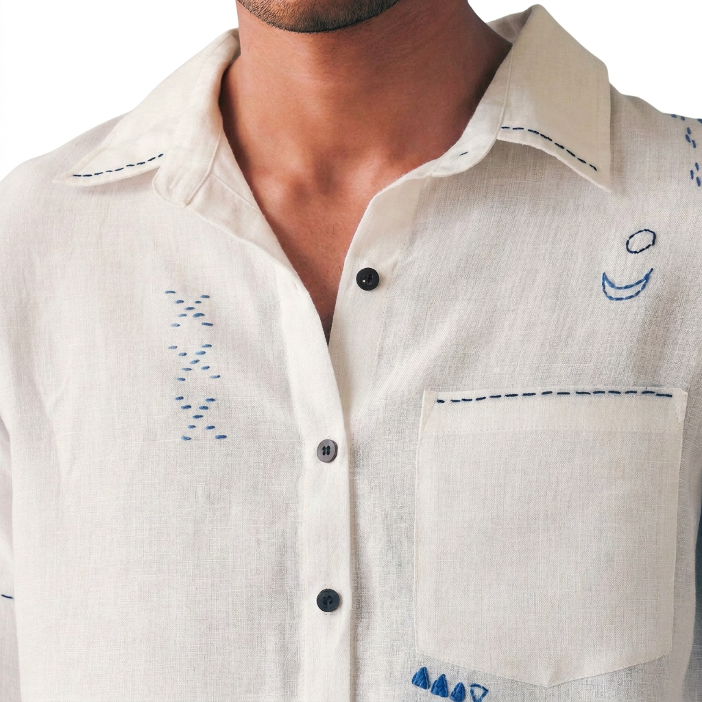Live Linen "Atticus" shirt collar, buttons and embroidered chest pocket detail