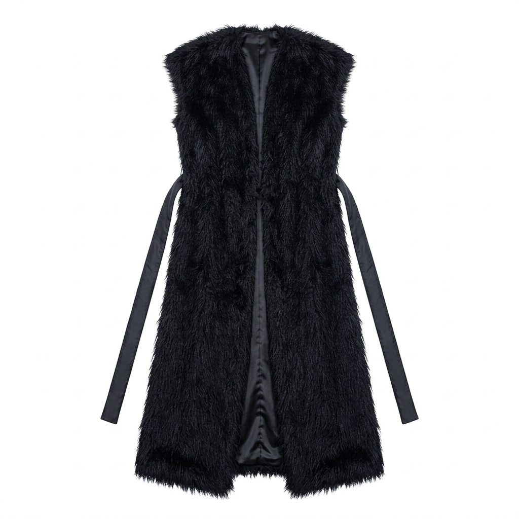 Long “Agustin” faux fur coat with belt ends draping untied