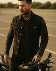John Richmond - "RISCHIO" Denim and Laser Cut Leather Jacket in Black