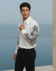 Men's John Richmond - "YELDE" White Silk Shirt with Black Floral Arm Detail