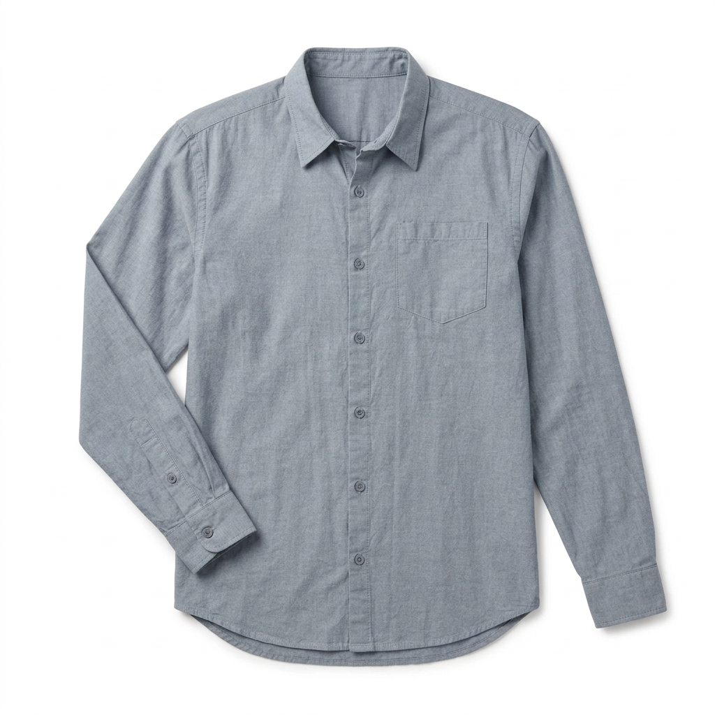 Road to Nowhere "Accord" organic cotton chambray shirt in blue, front flat-lay