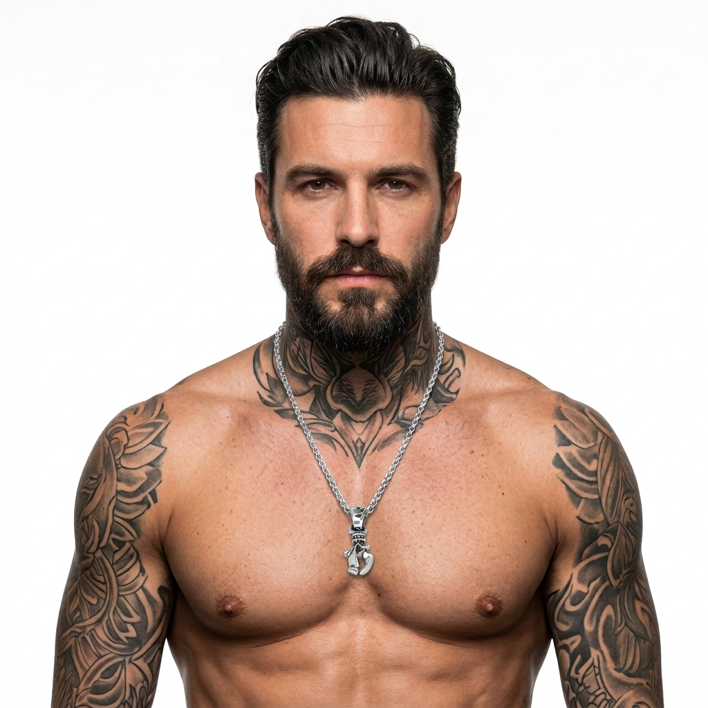 Shirtless tattooed male model wearing a polished silver chain and Double Cross Gothic H initial pendant on a white background