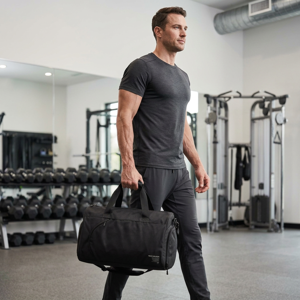 Model carrying the Mack Weldon ATLAS duffle in Asphalt beside dumbbell racks and gym equipment”
