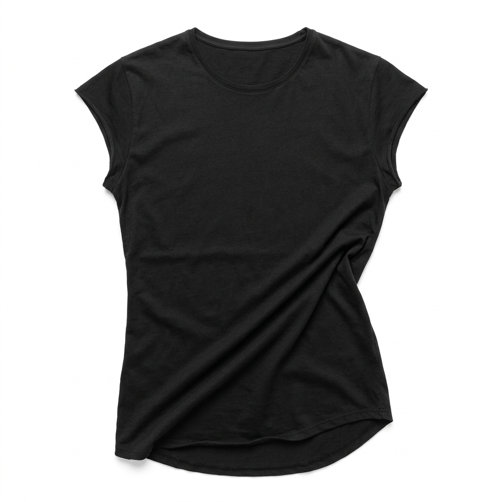 ZHANNAONA Arcoiris black shirt, front flat lay on a pure-white background