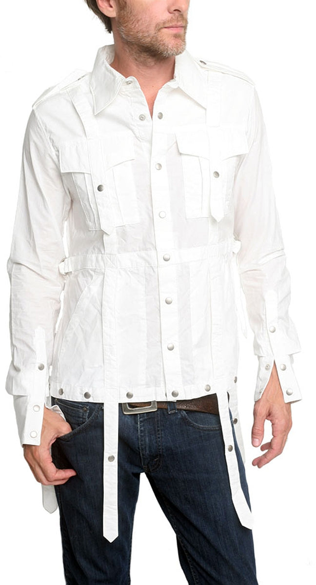 MEN'S OBELISK - "LONG MILITARY" White Shirt with Snap Details