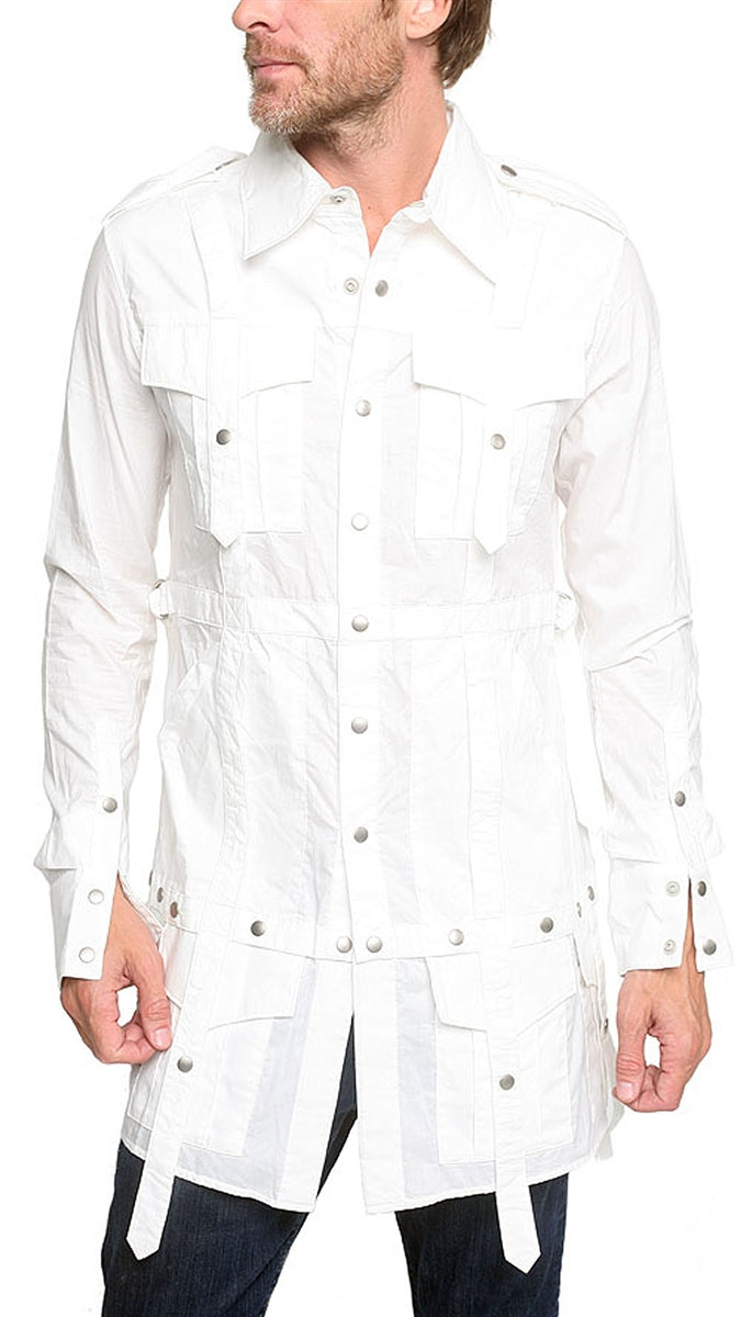 MEN'S OBELISK - "LONG MILITARY" White Shirt with Snap Details