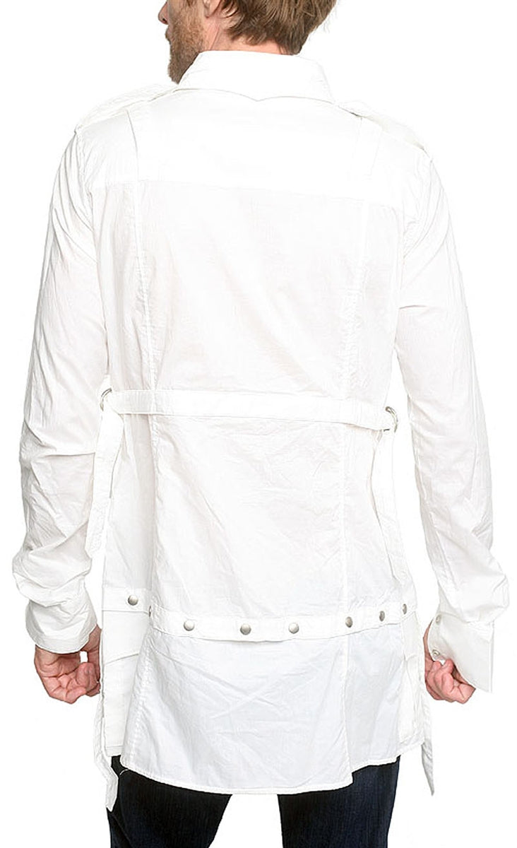 MEN'S OBELISK - "LONG MILITARY" White Shirt with Snap Details