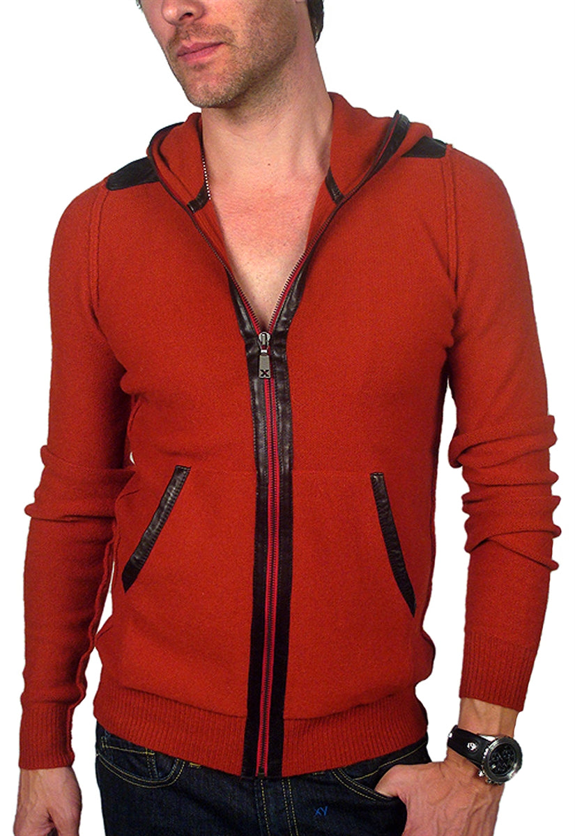 Men's John Richmond - "VANTERIA" Black Leather Trimmed Hooded RED Cardigan