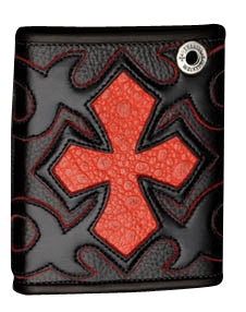 DOUBLE CROSS by Travis Walker - &quot;RED CROSS WALLET&quot; in Black Leather w/ Red FROG Inlay and Red Suede Trim