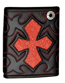 DOUBLE CROSS by Travis Walker - "RED CROSS WALLET" in Black Leather w/ Red FROG Inlay and Red Suede Trim
