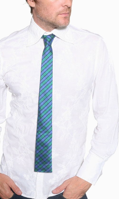 ARCHER ADAMS - &quot;TARTAN&quot; Dupion Silk Blunt Tie in Purple and Green
