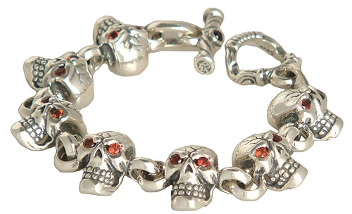 DOUBLE CROSS by Travis Walker - &quot;SIDE BY SIDE SKULL&quot; Bracelet with Garnet Eyes