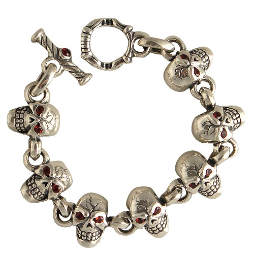 DOUBLE CROSS by Travis Walker - &quot;SIDE BY SIDE SKULL&quot; Bracelet with Garnet Eyes