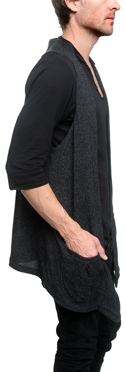 Men&#39;s MARCELO PEQUENO - &quot;PATRIZO&quot; Vest in Italian Charcoal Wool and Black Lamb Leather Accent