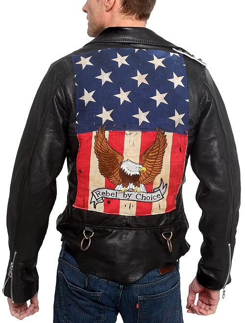 Men&#39;s JUNKER DESIGNS - &quot;REBEL&quot; Black Leather Jacket with Flag Detail
