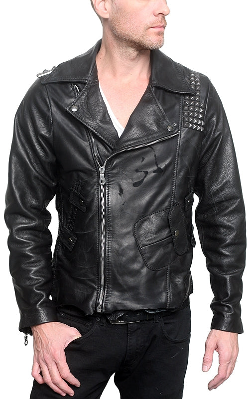 Men's JUNKER DESIGNS - "REBEL" Black Leather Jacket with Flag Detail