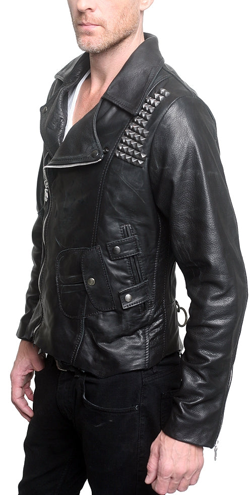 Men's JUNKER DESIGNS - "REBEL" Black Leather Jacket with Flag Detail