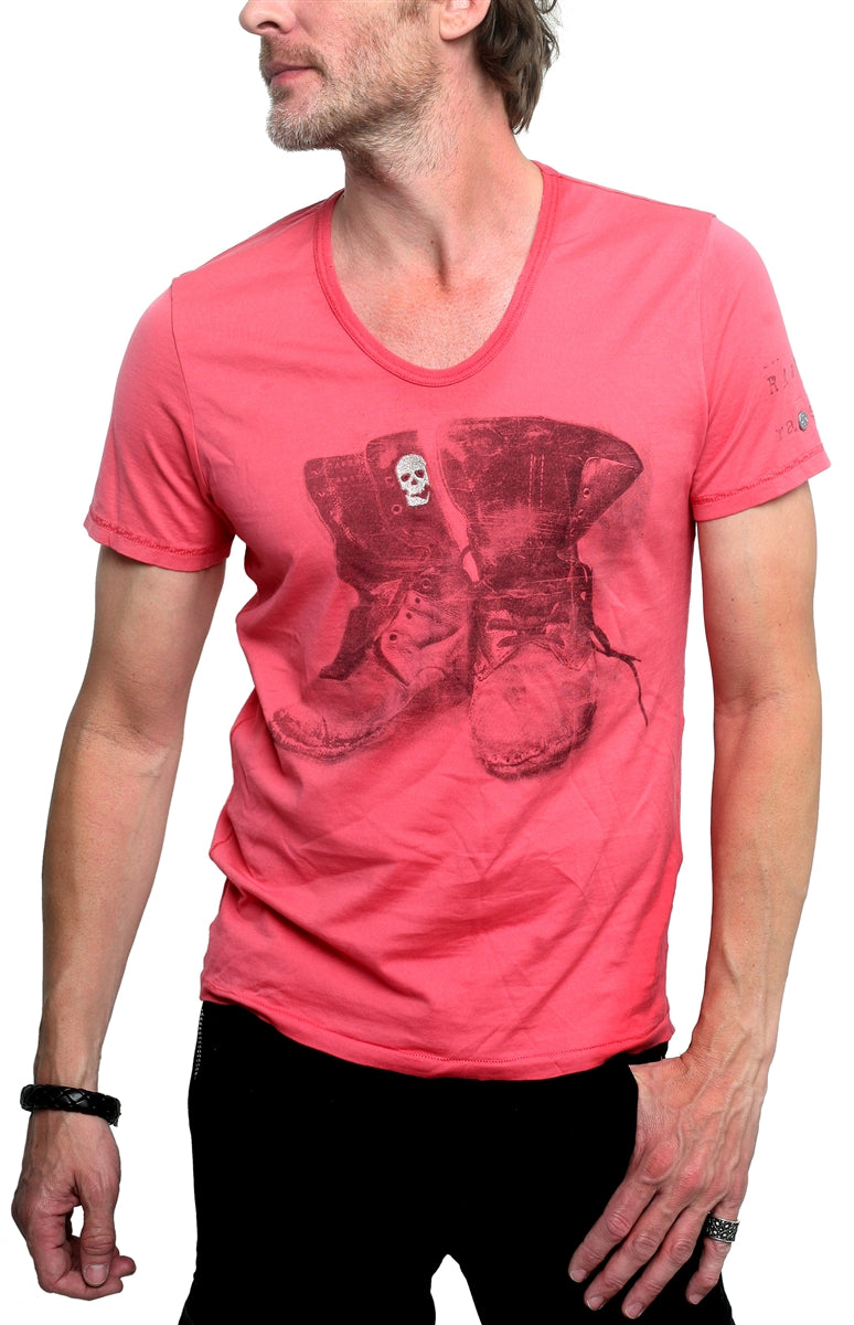 Men&#39;s RA-RE - &quot;CHARTIER&quot; T-Shirt with Embroidered Skull Accent in Faded Red