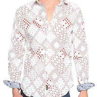 Men's RA-RE - "FAUST" Red and White Patterned Shirt With Metal Skull Snap Detail