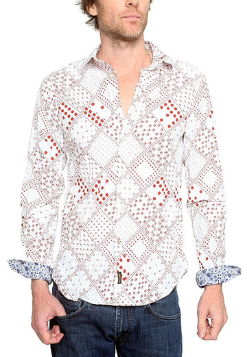Men's RA-RE - "FAUST" Red and White Patterned Shirt With Metal Skull Snap Detail