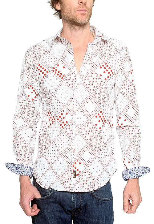 Men's RA-RE - "FAUST" Red and White Patterned Shirt With Metal Skull Snap Detail